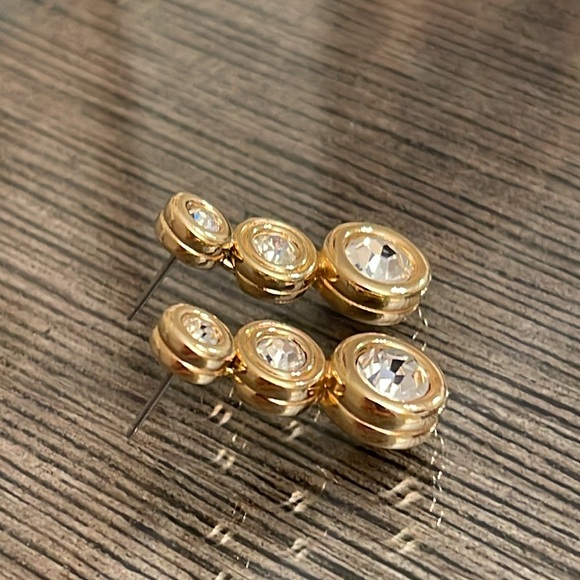 Vintage Swarovski Crystal Three Stone Drop Earrings, Gold-tone - Picture 3 of 16